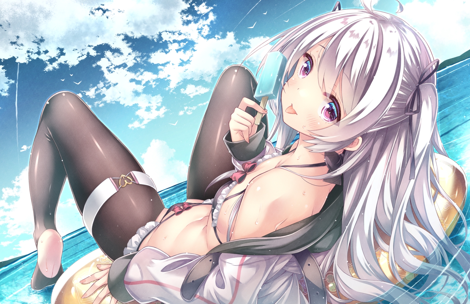 bikini, blush, bow, clouds, flat_chest, garter, gray_hair, hood