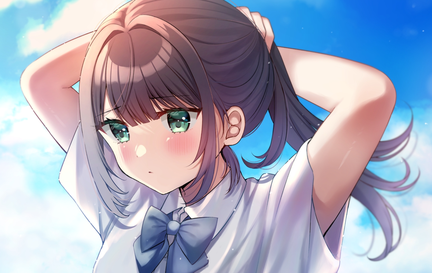 black_hair, blush, bow, close, clouds, green_eyes, long_hair, minami_saki