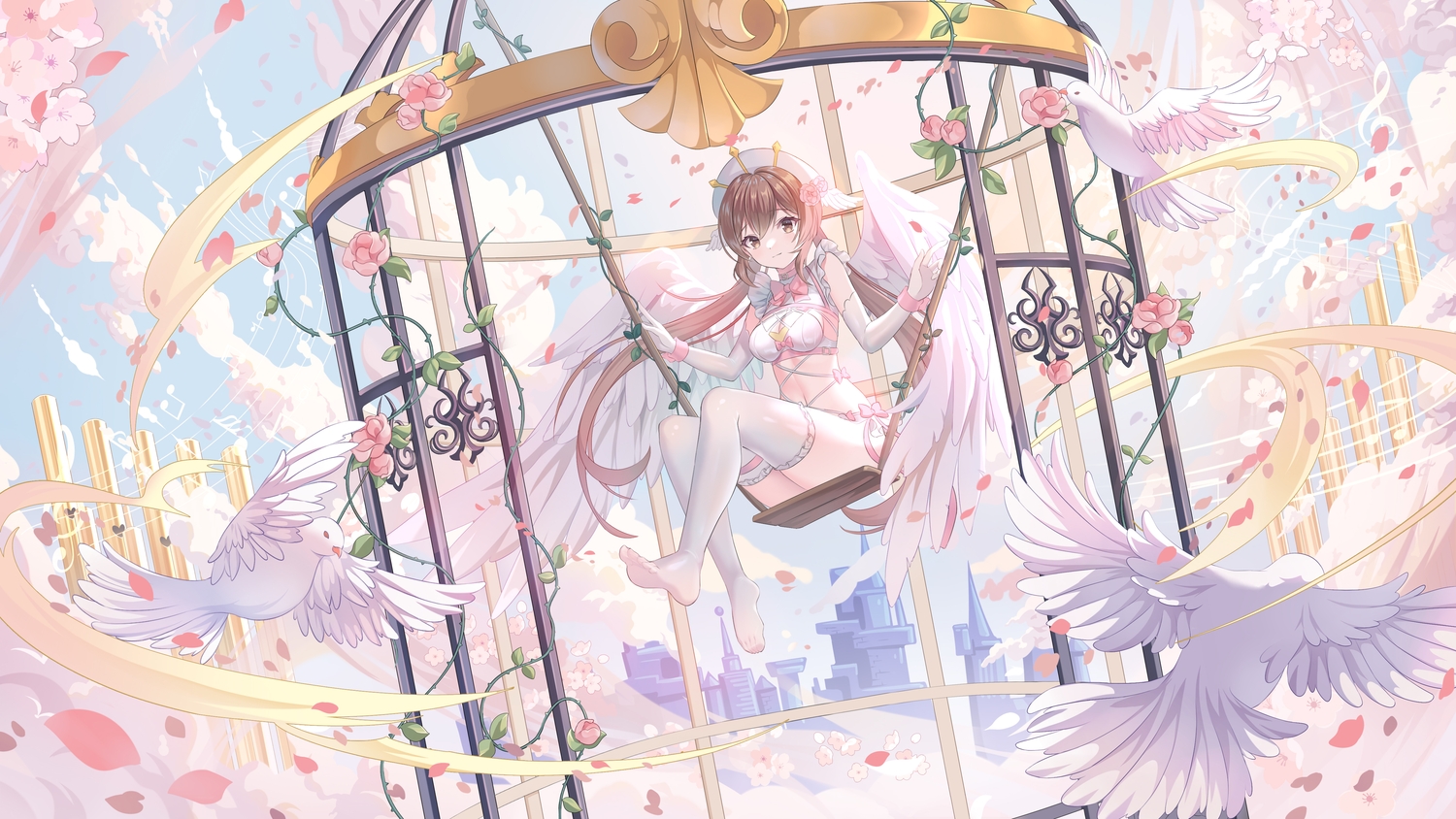 angel, animal, bird, bow, brown_eyes, brown_hair, building, cage