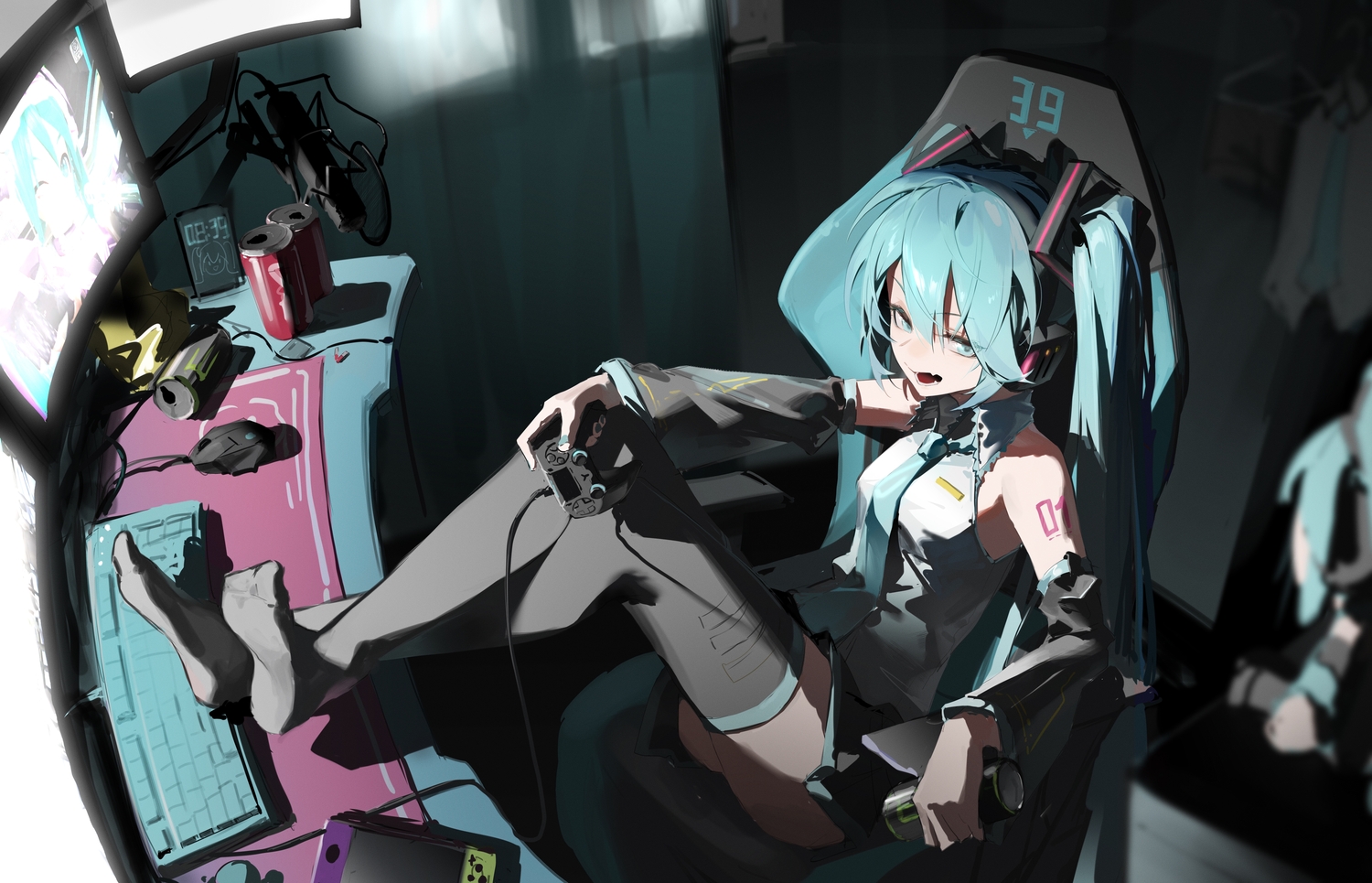 aqua_eyes, aqua_hair, computer, drink, game_console, hatsune_miku, jiuyesang, long_hair, microphone, sketch, skirt, tattoo, thighhighs, tie, twintails, vocaloid