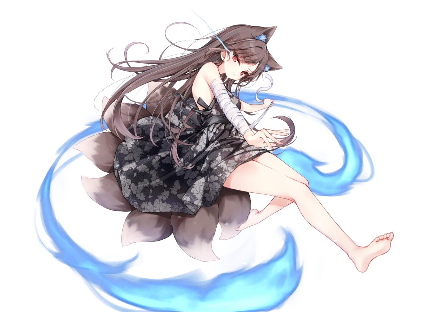 animal_ears, bandage, barefoot, beliatan, brown_hair, dress, foxgirl, long_hair