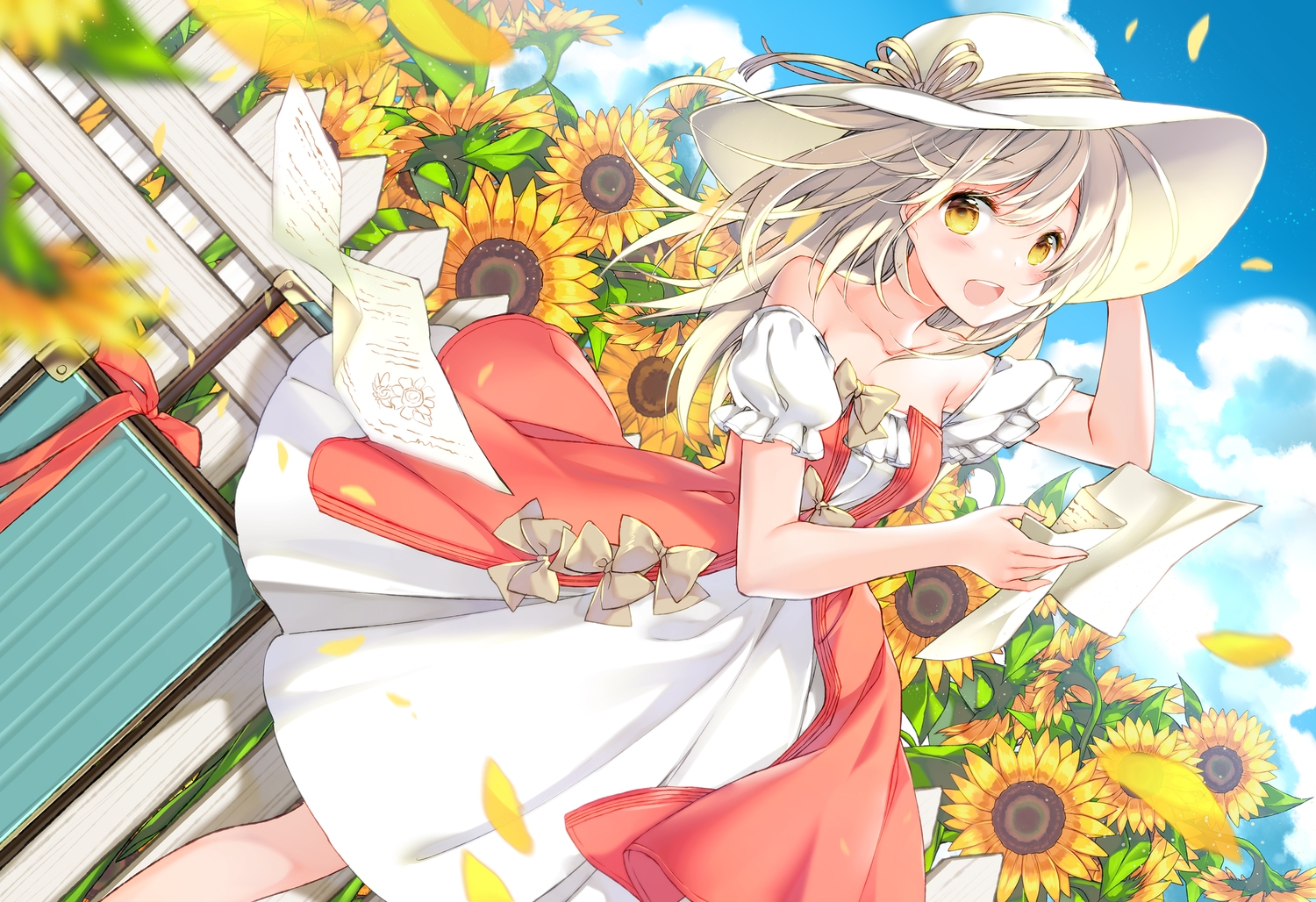 clouds, dress, flowers, hat, juna, long_hair, original, paper
