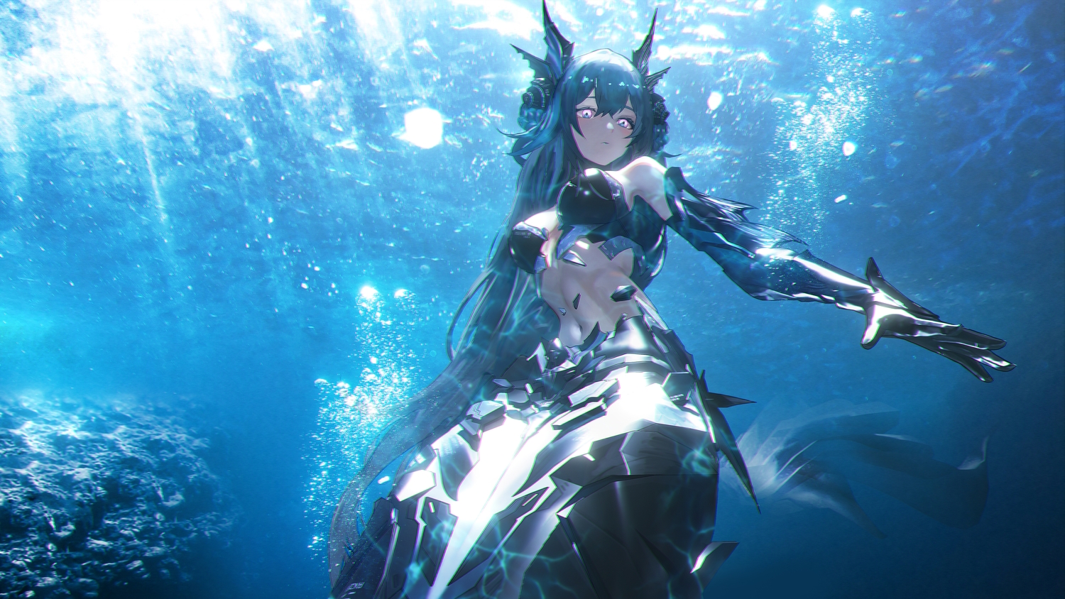 aqua_hair, armor, breasts, elbow_gloves, gloves, lamia_(pgr), long_hair, mermaid, navel, photo, punishing:_gray_raven, purple_eyes, seymour, techgirl, underwater, water