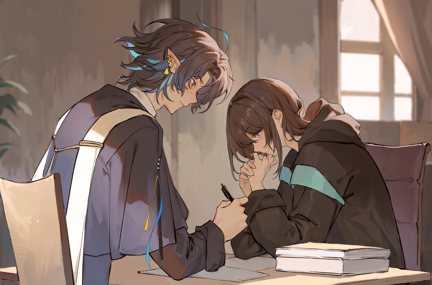 aqua_eyes, arknights, black_hair, book, brown_hair, cape, chuan04826, doctor_(arknights), female_doctor_(arknights), hood, lumen_(arknights), male, orange_eyes, paper, pointed_ears, short_hair