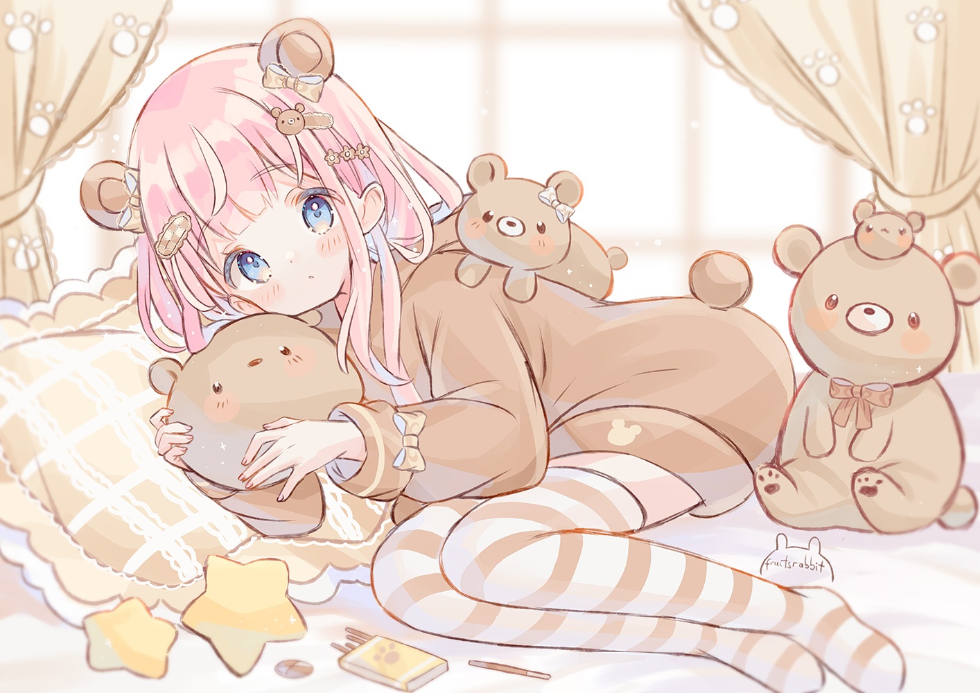 animal_ears, bed, blue_eyes, blush, bow, food, fruitsrabbit, hood