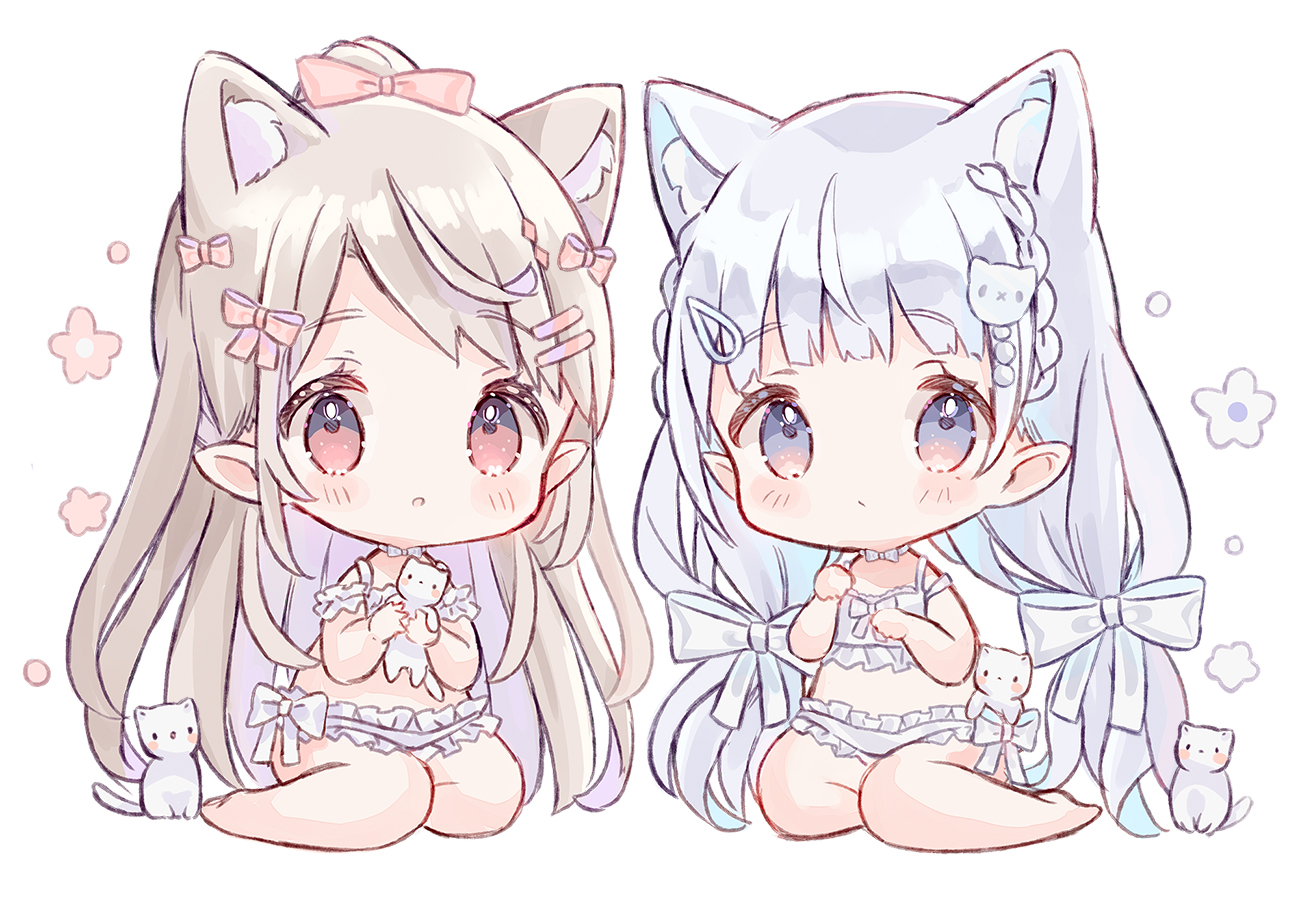 2girls, animal, animal_ears, barefoot, blush, bow, braids, brown_hair