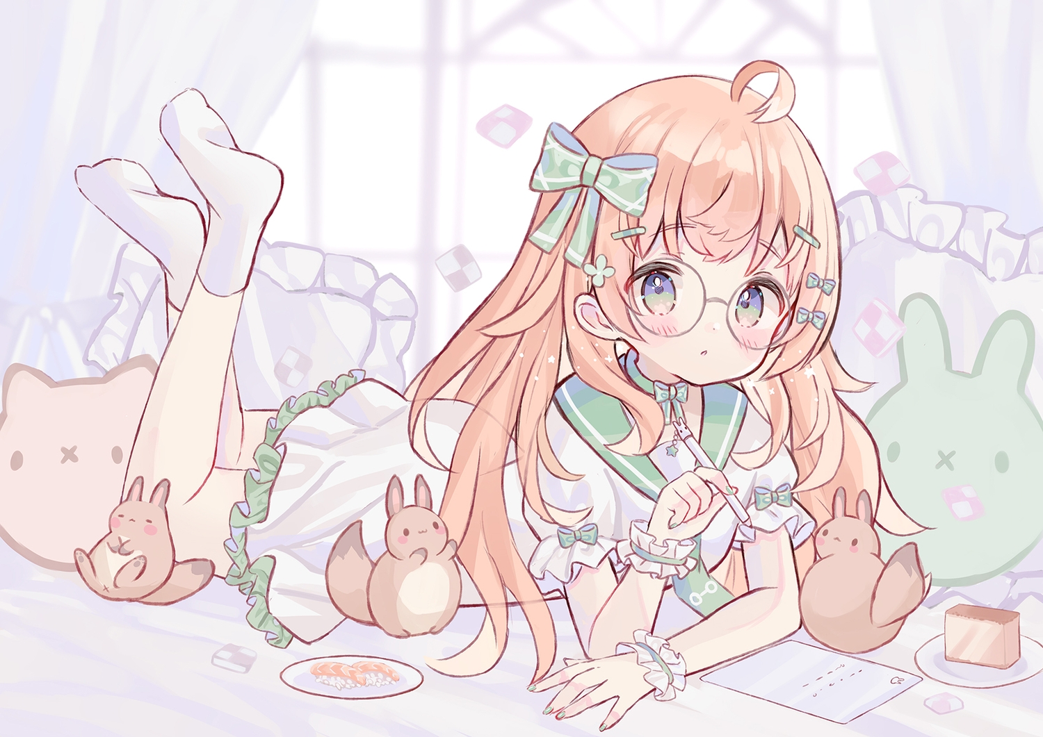 animal, blush, bow, choker, dress, food, fruitsrabbit, glasses, green_eyes, loli, long_hair, orange_hair, original, paper, school_uniform, socks, wristwear
