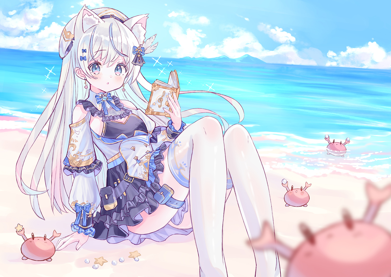 animal, animal_ears, beach, blue_eyes, blush, book, bow, catgirl, clouds, crab, dress, fruitsrabbit, garter, gray_hair, hat, long_hair, original, sky, thighhighs, water