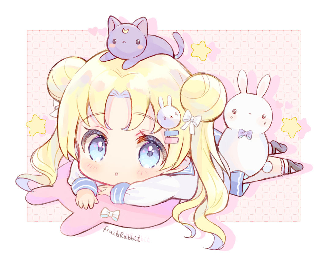 animal, blonde_hair, blue_eyes, blush, bow, cat, chibi, fruitsrabbit