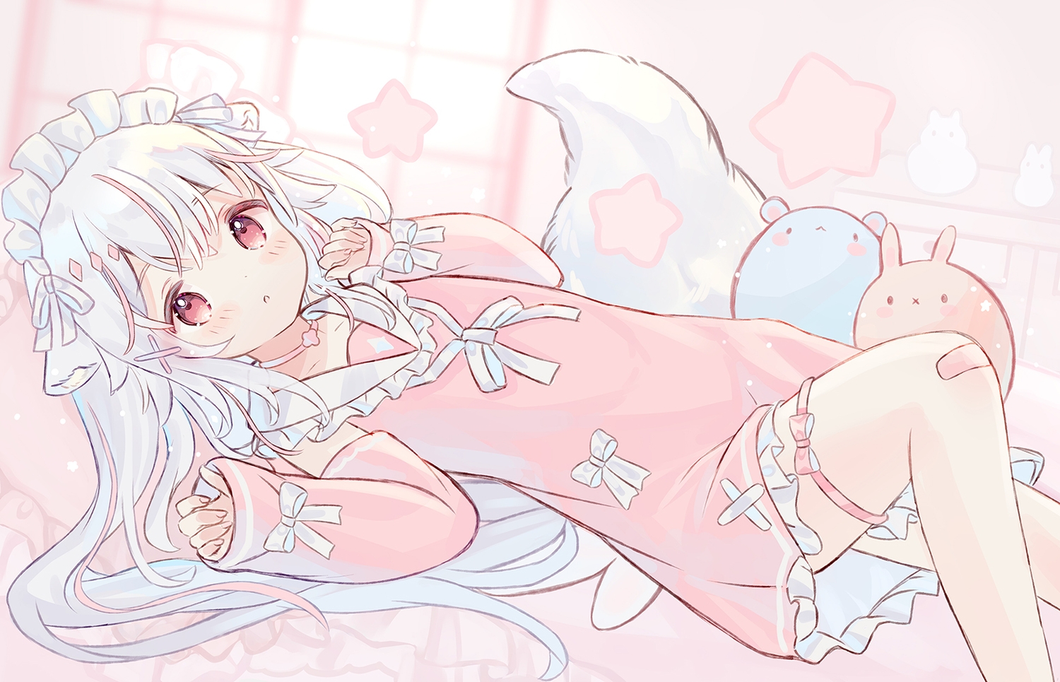 animal_ears, bandaid, bed, blush, bow, choker, dress, foxgirl, fruitsrabbit, garter, headdress, loli, long_hair, original, red_eyes, tail, white_hair