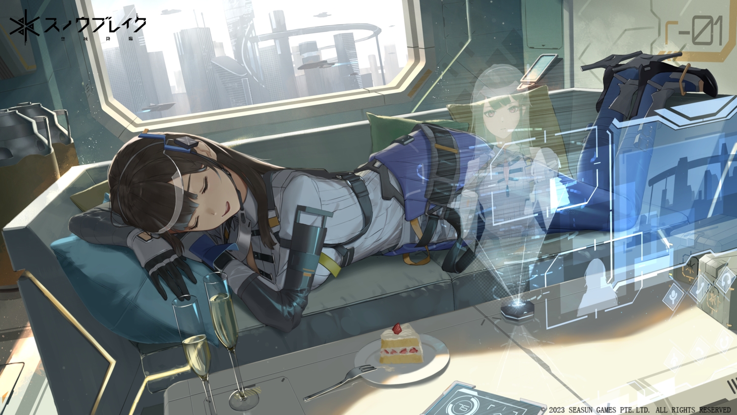 black_hair, building, cake, city, computer, couch, food, fruit