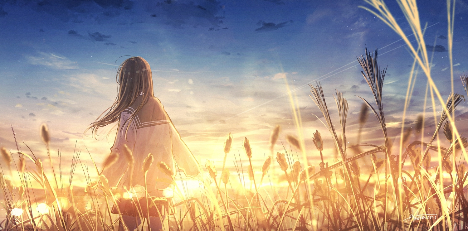 amenomori_howa, clouds, original, school_uniform, signed, sky, sunset