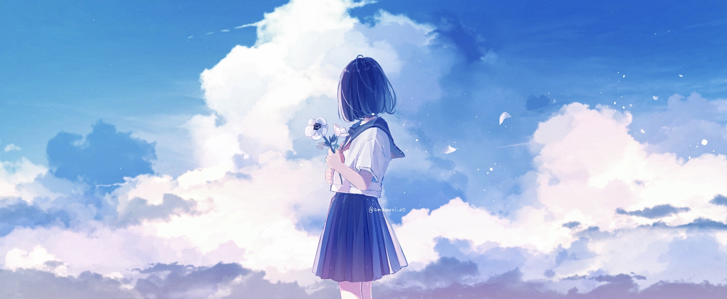 amenomori_howa, clouds, flowers, original, school_uniform, signed, sky