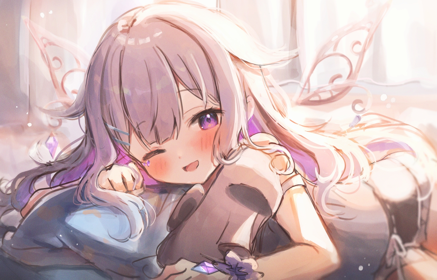 blush, gray_hair, hololive, koseki_bijou, long_hair, maru_ccy, purple_eyes, shorts