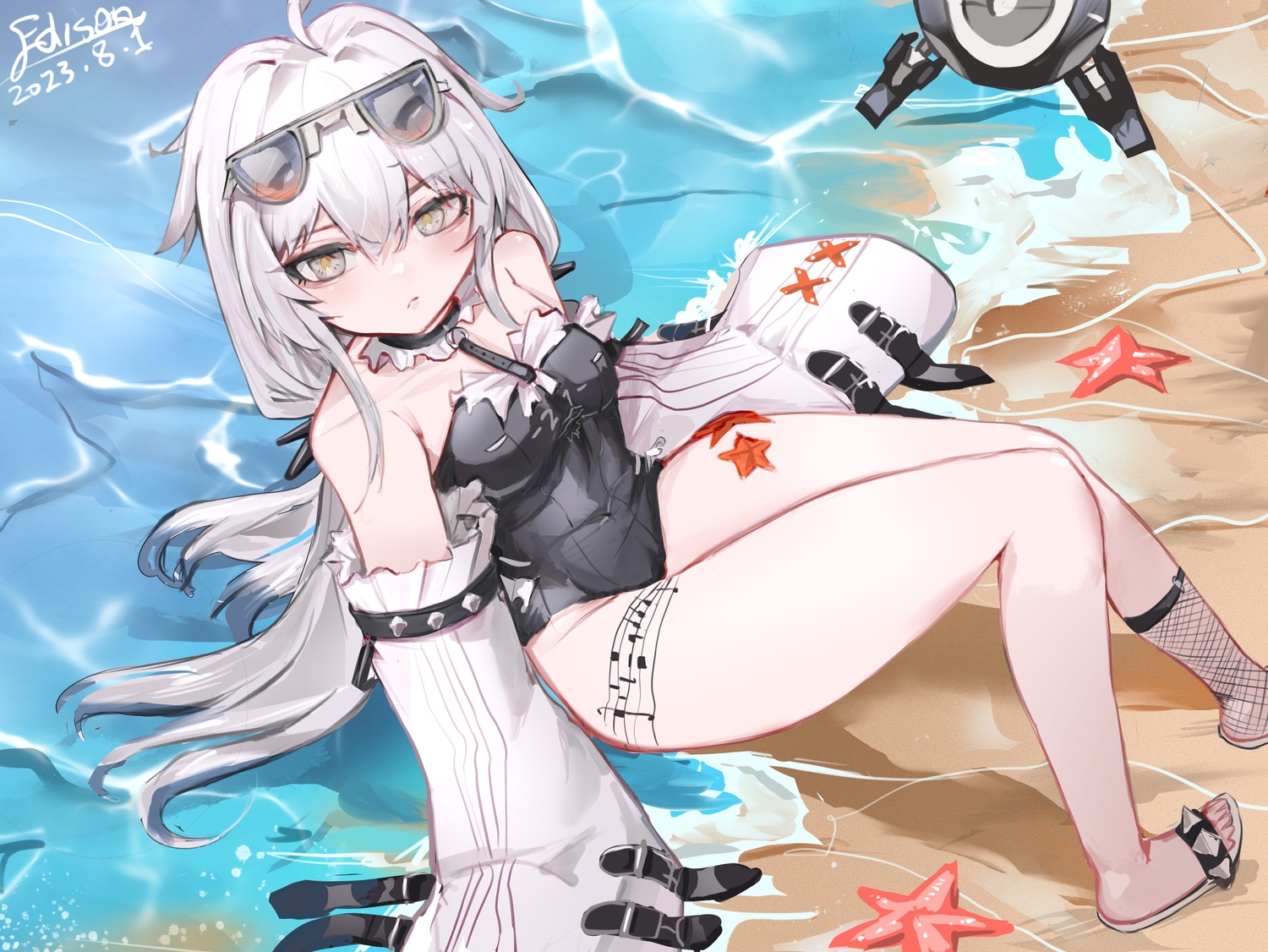 beach, choker, edison_(mvpg8237), gray_eyes, gray_hair, long_hair, no.21_(pgr), punishing:_gray_raven