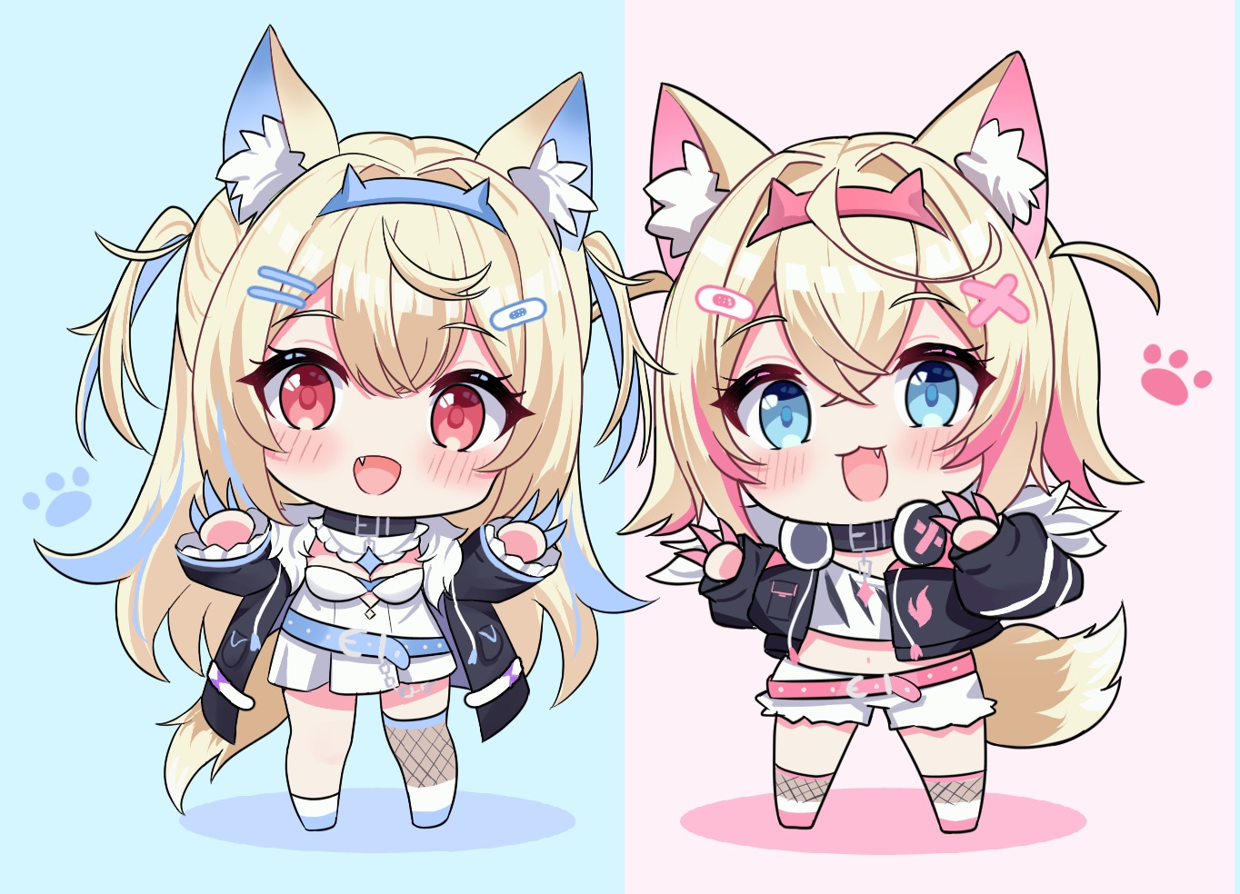 2girls, adju_ster, animal_ears, blonde_hair, blue_eyes, blush, cat_smile, chibi