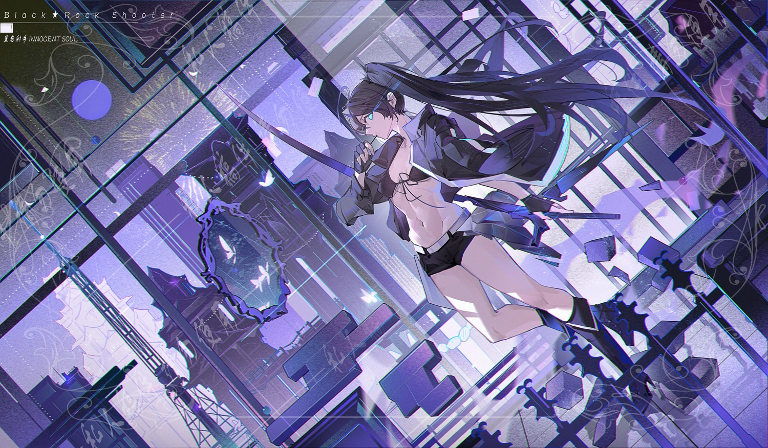 aqua_eyes, bikini_top, black_hair, black_rock_shooter, boots, gloves, krao, kuroi_mato