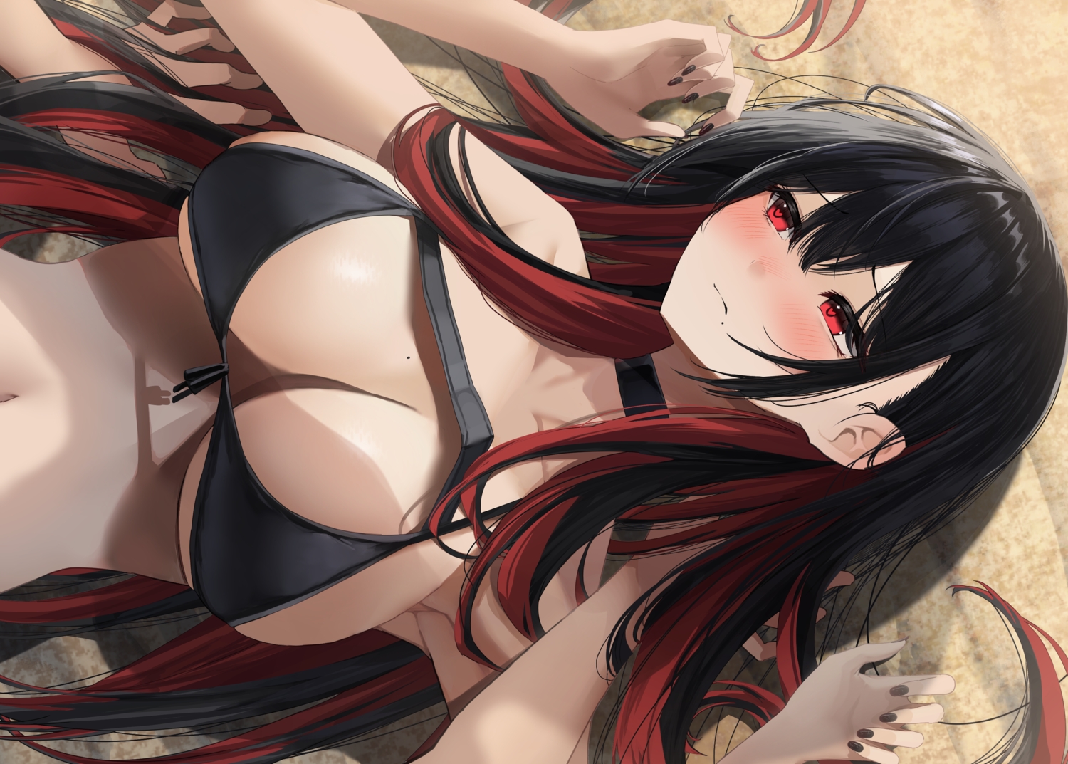 anemone_noa, bikini, black_hair, blush, breasts, choker, cleavage, close, long_hair, navel, original, red_eyes, swimsuit