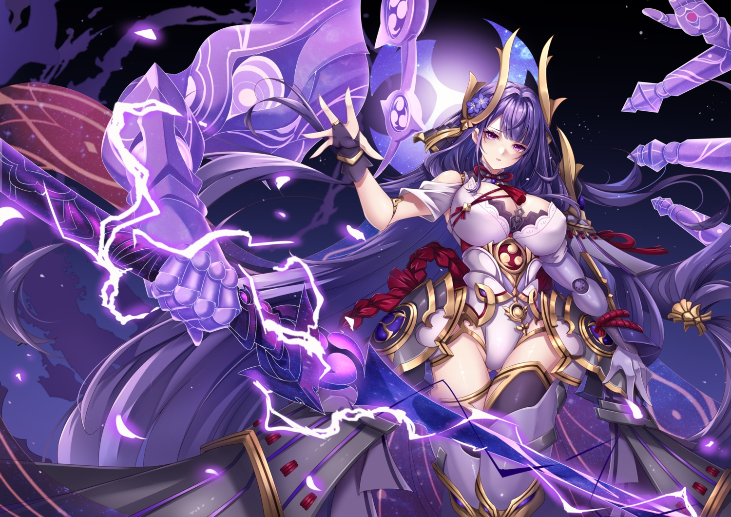 aata1007, armor, breasts, cleavage, erect_nipples, genshin_impact, gloves, leotard