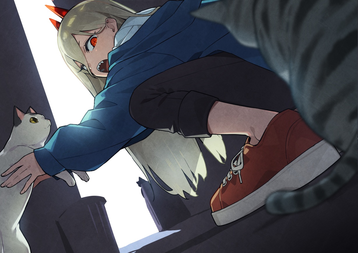 animal, blonde_hair, cat, chainsaw_man, hood, horns, kin_niku, long_hair