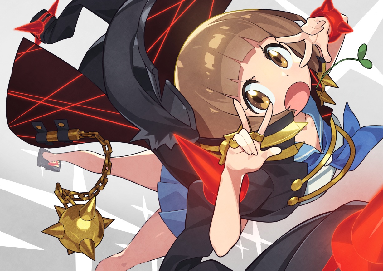 brown_eyes, brown_hair, cape, flat_chest, hat, kill_la_kill, kin_niku, mankanshoku_mako