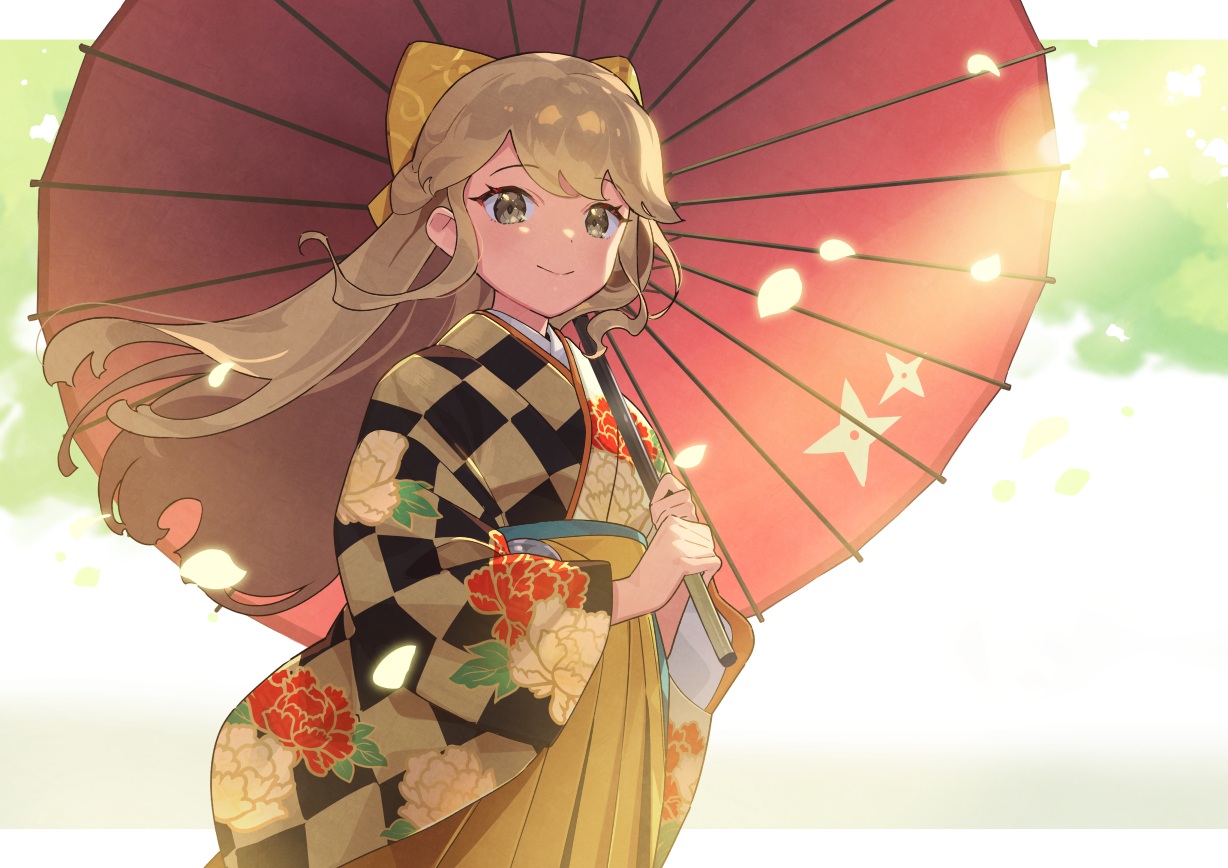 bow, brown_eyes, brown_hair, iriam, japanese_clothes, kimono, kin_niku, leaves