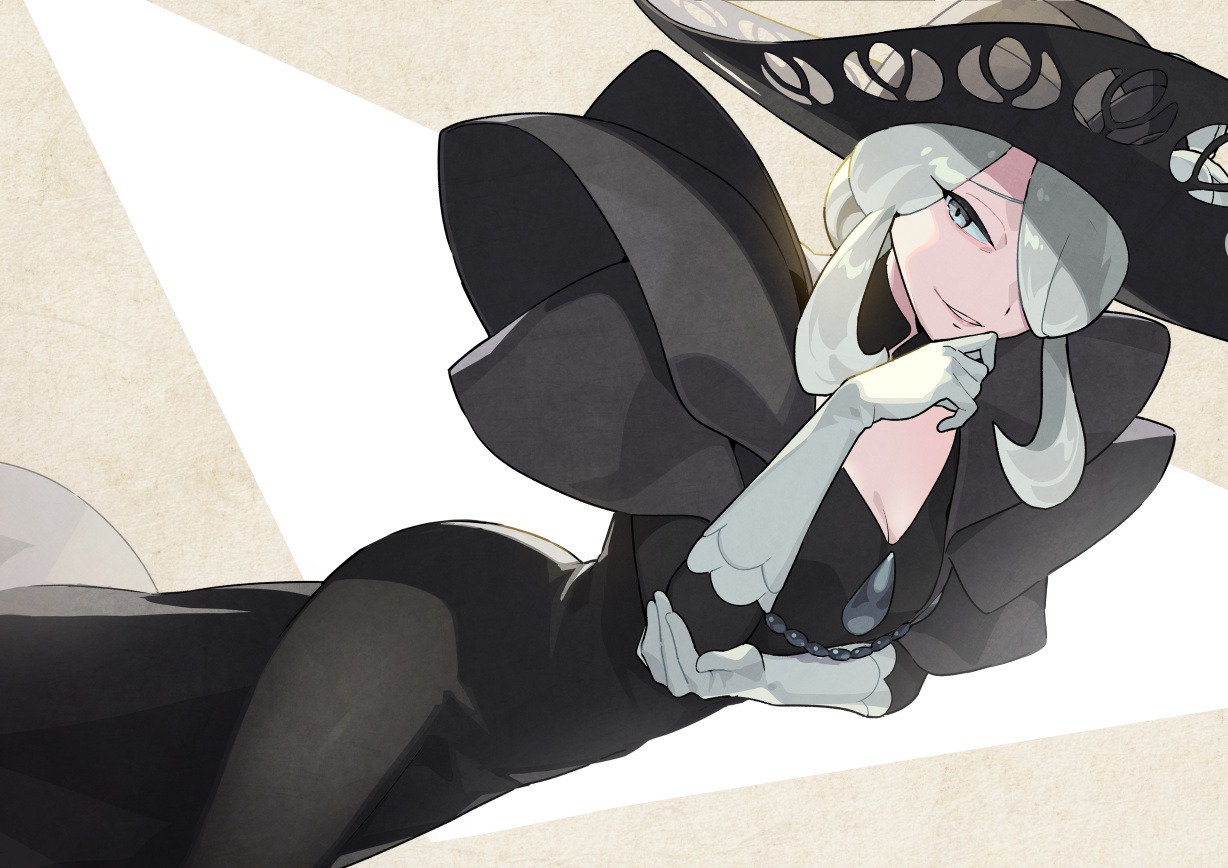 breast_hold, breasts, cleavage, cogito_(pokemon), dress, elbow_gloves, gloves, gray_eyes