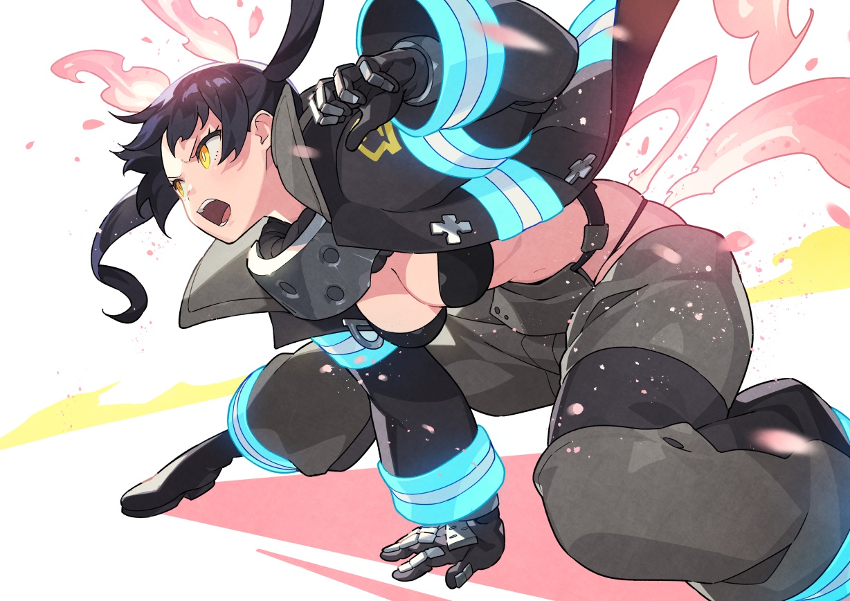bikini_top, black_hair, breasts, cleavage, enen_no_shouboutai, fire, gloves, kin_niku, kotatsu_tamaki, long_hair, magic, twintails, yellow_eyes