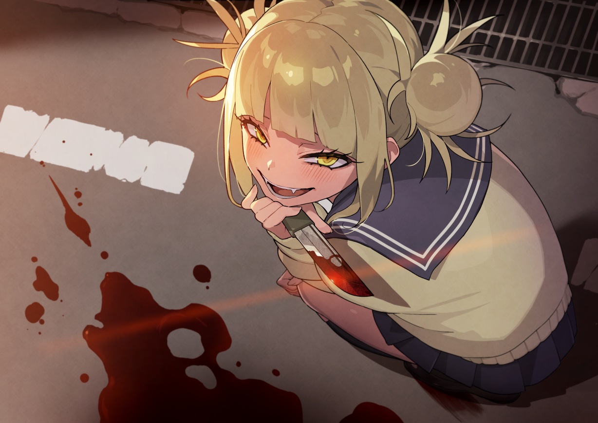blonde_hair, blood, blush, boku_no_hero_academia, fang, kin_niku, kneehighs, knife