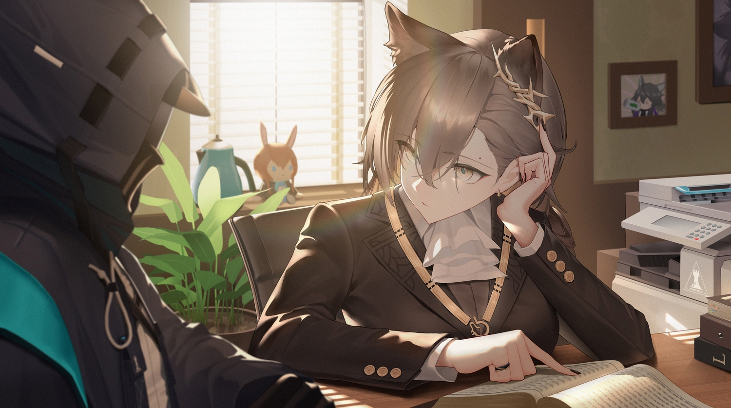 animal_ears, arknights, book, doctor_(arknights), gray_hair, hood, live_(mfwa7572), long_hair, male, penance_(arknights), shirt, wolfgirl, yellow_eyes