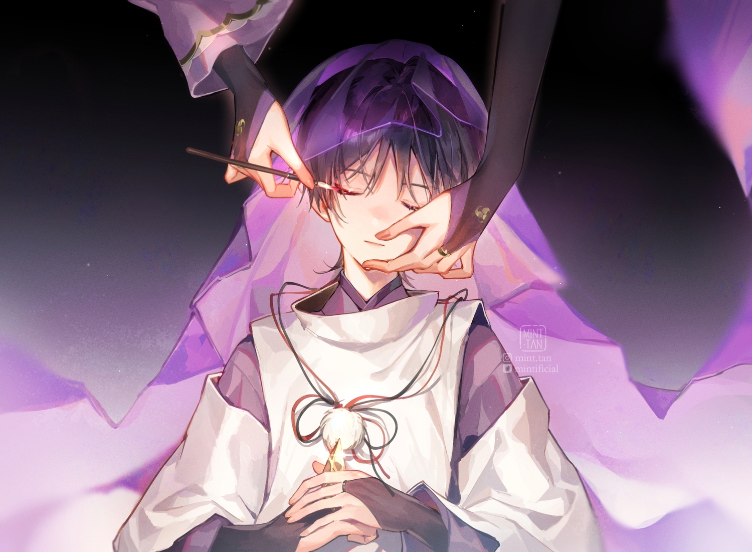 black_hair, elbow_gloves, genshin_impact, gloves, gradient, headdress, japanese_clothes, male