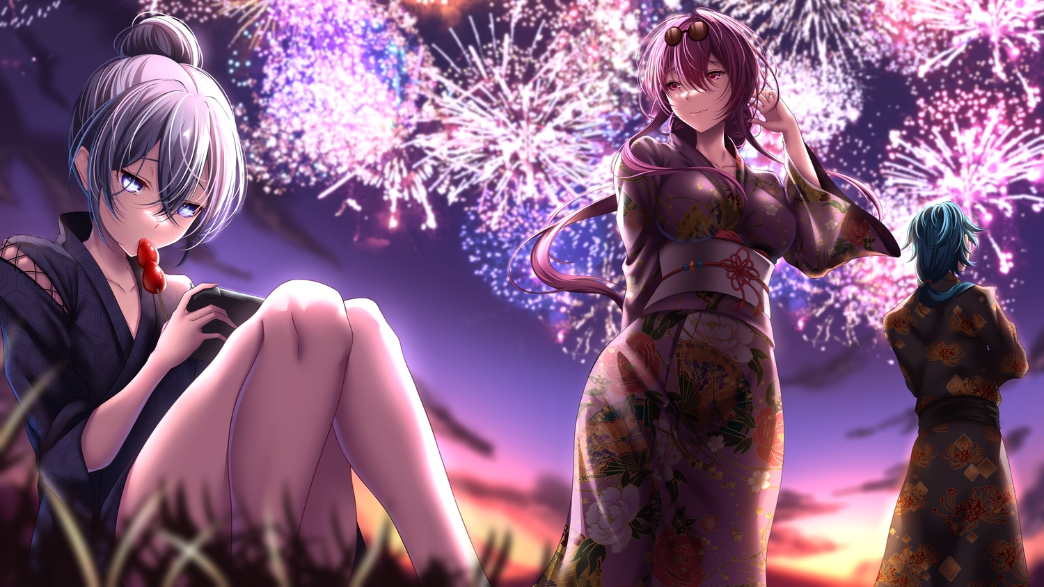 aqua_hair, blade_(honkai:_star_rail), blue_eyes, clouds, fireworks, food, fruit, game_console
