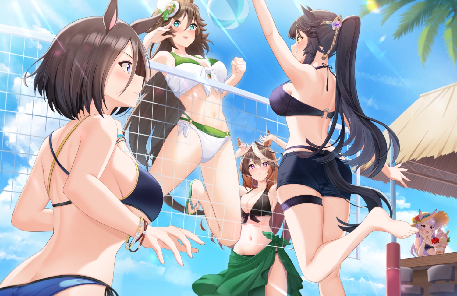 air_groove_(umamusume), animal_ears, anthropomorphism, aqua_eyes, barefoot, bikini, black_hair, blue_eyes, breasts, brown_hair, cleavage, clouds, food, garter, group, hat, ice_cream, kanno_esuto, long_hair, mejiro_mcqueen_(umamusume), mr._c.b._(umamusume), narita_brian_(umamusume), navel, ponytail, purple_eyes, purple_hair, short_hair, shorts, sky, swimsuit, symboli_rudolf_(umamusume), tail, uma_musume:_pretty_derby, wristwear, yellow_eyes