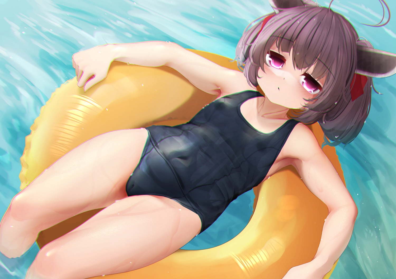 blush, brown_hair, cameltoe, loli, purple_eyes, school_swimsuit, short_hair, swim_ring