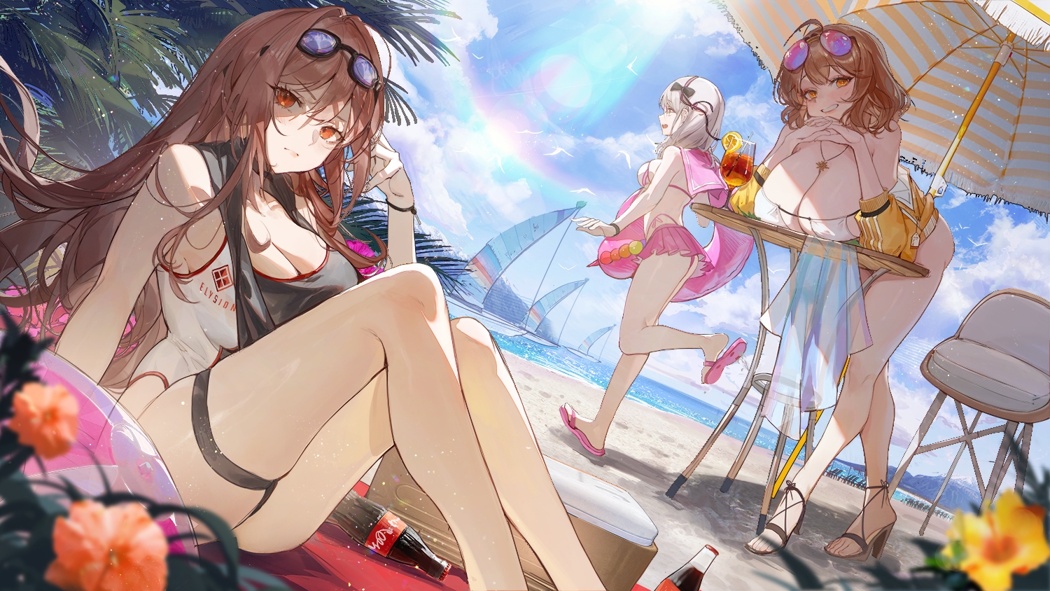 anis_(nikke), ball, beach, bikini, boat, breasts, brown_hair, cleavage