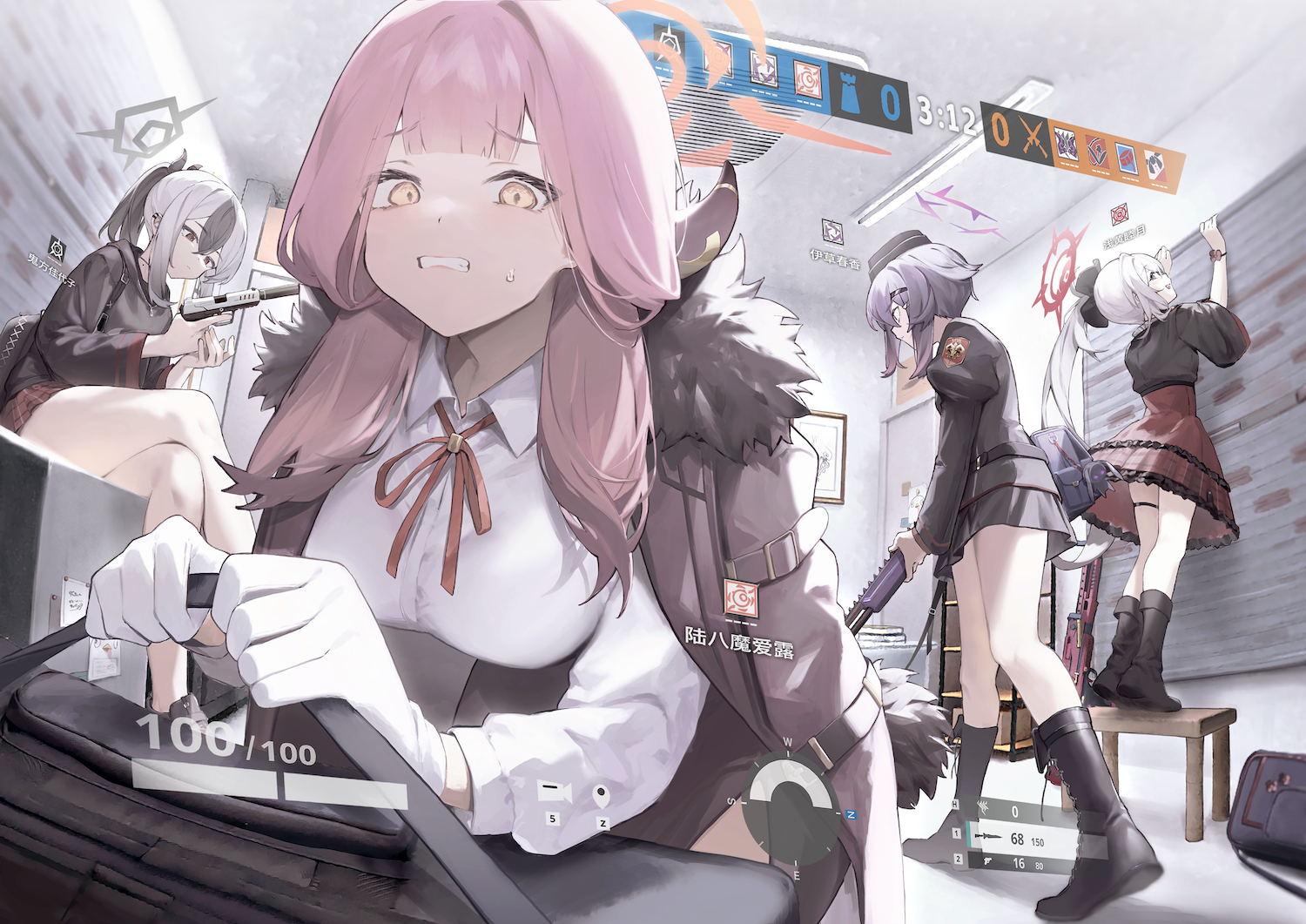 asagi_mutsuki, blue_archive, boots, cape, garter, gloves, group, gun, halo, hat, hood, horns, igusa_haruka, long_hair, onikata_kayoko, pink_hair, ponytail, purple_hair, red_eyes, rikuhachima_aru, seallllion, shirt, short_hair, skirt, weapon, white_hair, wristwear, yellow_eyes