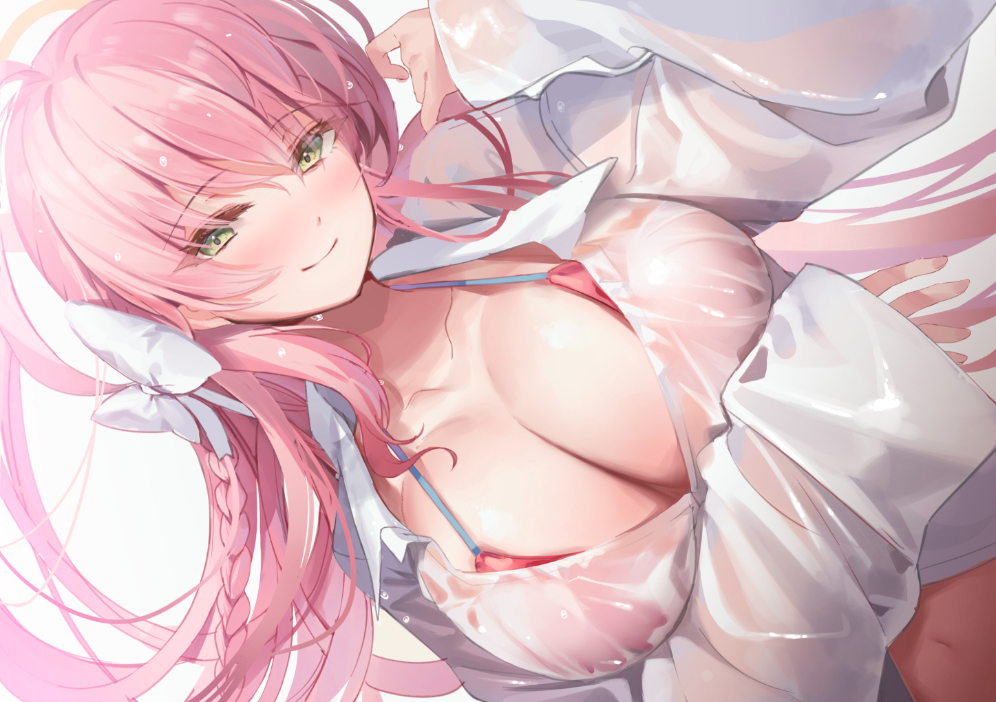 bikini, blue_archive, blush, bow, braids, breast_hold, breasts, chiro_(norishiro_michiro), cleavage, green_eyes, halo, long_hair, navel, open_shirt, pink_hair, see_through, shirt, swimsuit, urawa_hanako, wet