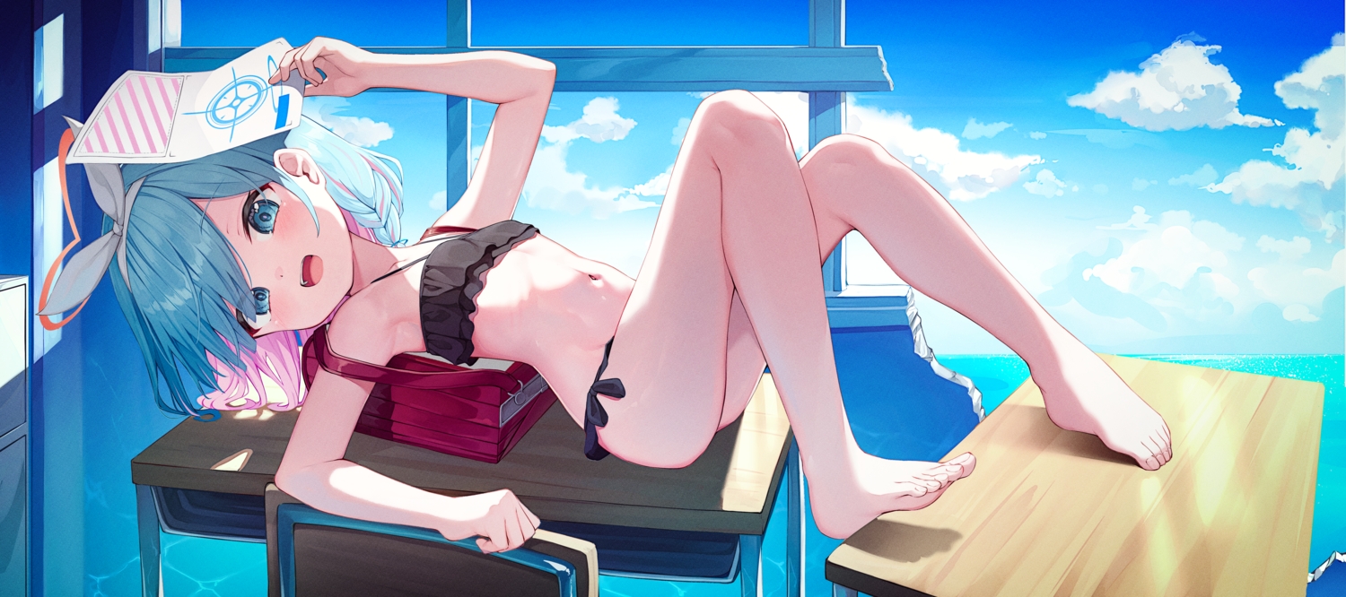 aqua_eyes, aqua_hair, arona_(blue_archive), barefoot, bikini, blue_archive, blush, braids