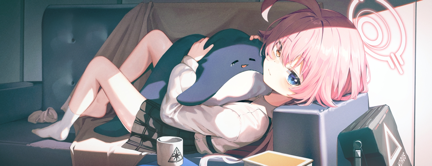 bicolored_eyes, blue_archive, blush, couch, halo, mannack, pink_hair, shirt