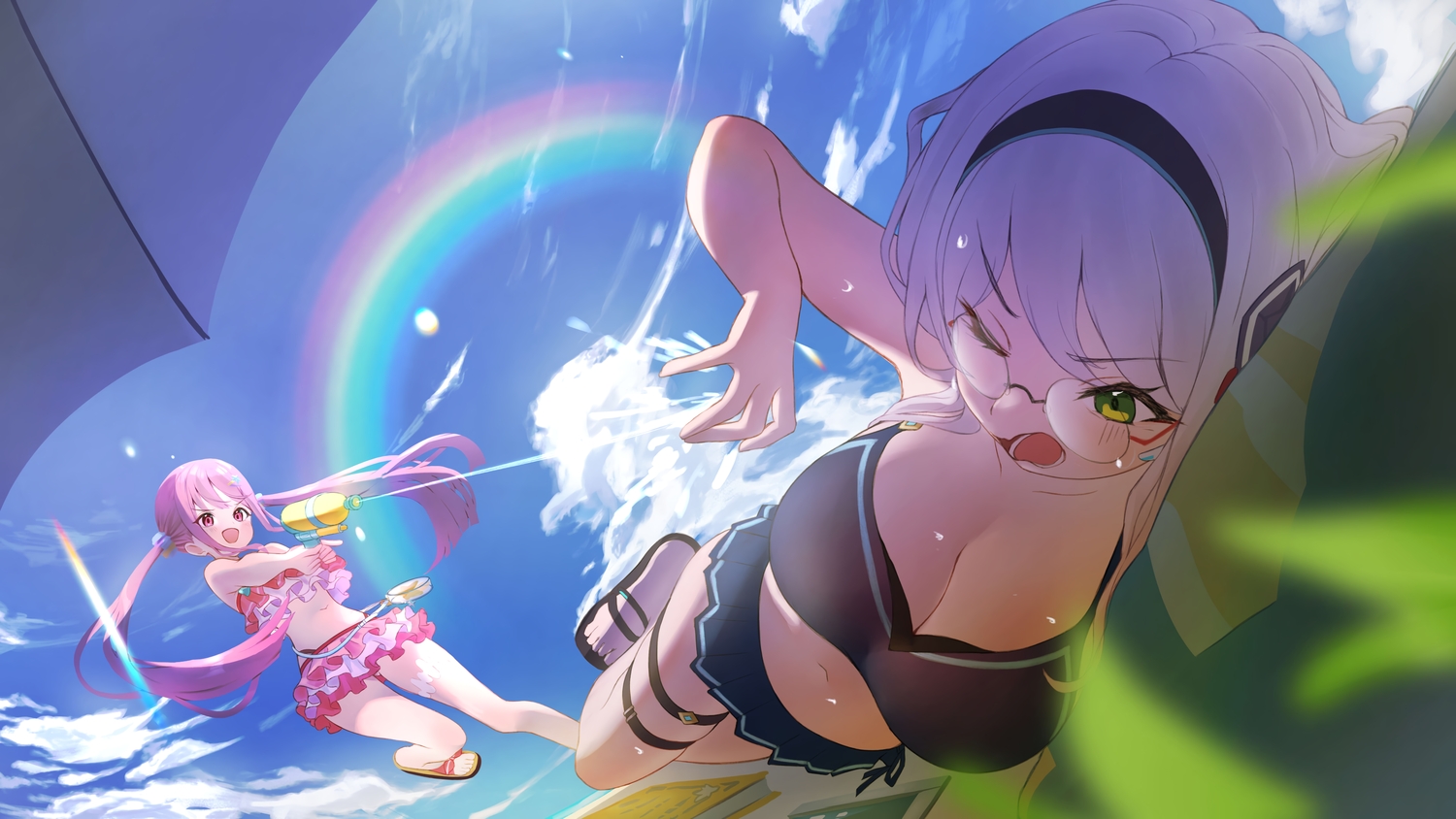 2girls, bikini, blush, breasts, cleavage, clouds, garter, glasses