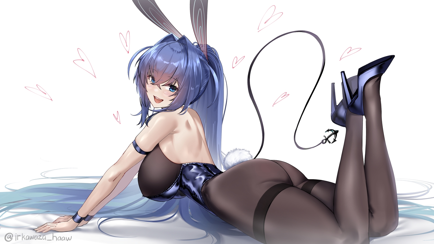 animal_ears, anthropomorphism, ass, azur_lane, blue_eyes, blue_hair, blush, bunny_ears, bunnygirl, heart, irkawaza, leotard, long_hair, new_jersey_(azur_lane), pantyhose, ponytail, signed, tail, white, wristwear