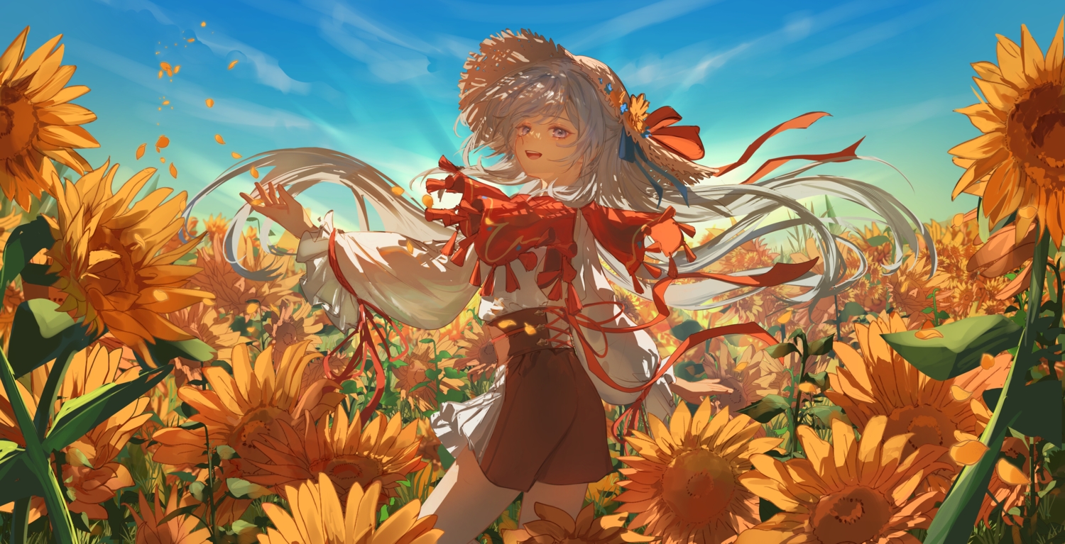 blue_eyes, bow, cape, clouds, corset, flowers, gray_hair, hat
