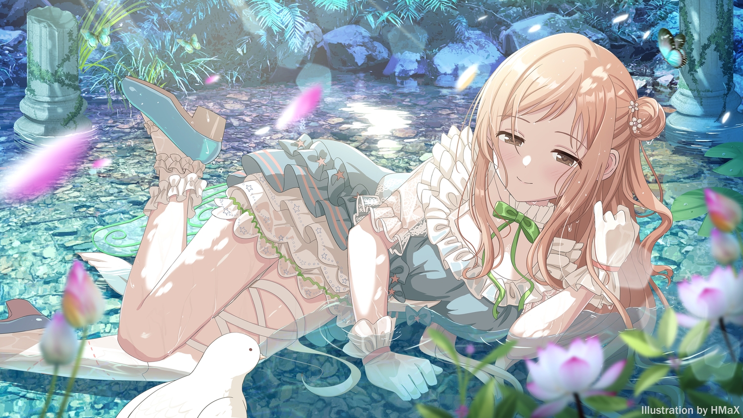 animal, bird, blush, bow, brown_eyes, brown_hair, butterfly, dress