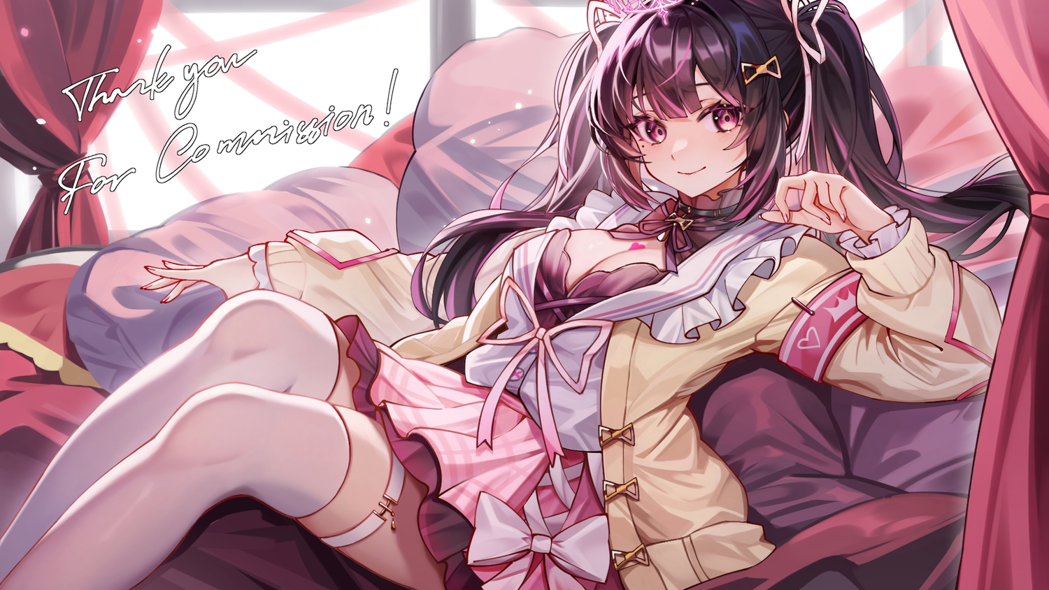 bed, black_hair, blush, bow, breasts, chen_ying_(alan-yut), choker, cleavage, garter, halo, himemiya_rie, long_hair, phase_connect, red_eyes, ribbons, school_uniform, shirt, skirt, thighhighs, twintails