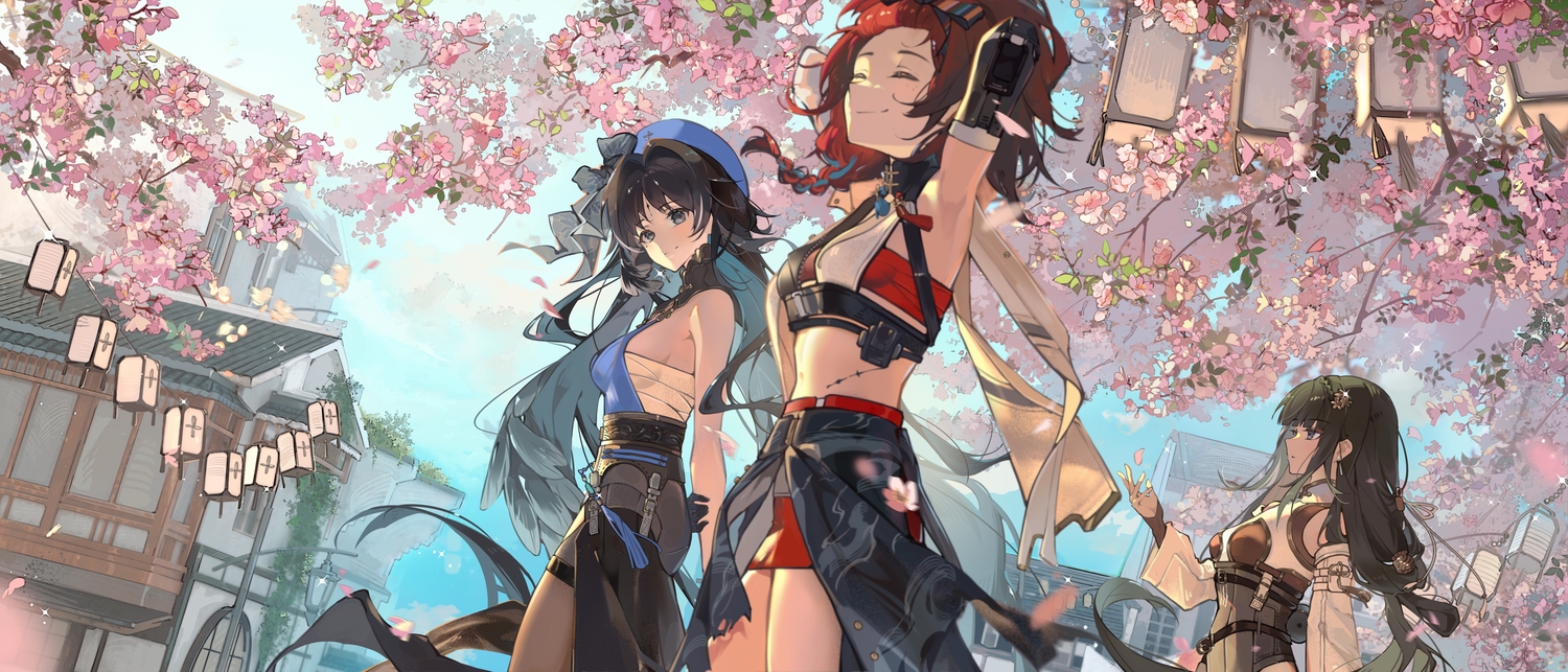 bailian_(wuthering_waves), black_eyes, black_hair, bow, braids, building, caaaaarrot, cherry_blossoms
