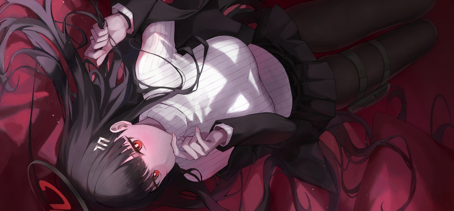 black_hair, blue_archive, blush, garter, halo, long_hair, pantyhose, red_eyes