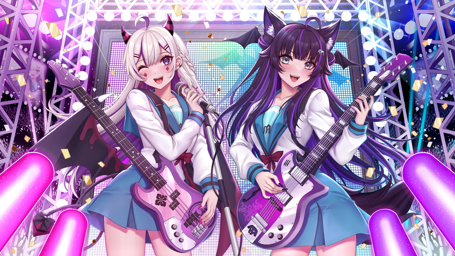 2girls, animal_ears, black_hair, blush, bow, braids, cosplay, demon, doggirl, fang, gray_eyes, guitar, gu_li, horns, indie_virtual_youtuber, instrument, keru_beros, kurona_(vtuber), long_hair, microphone, purple_eyes, school_uniform, shirt, skirt, suzumiya_haruhi_no_yuutsu, tail, white_hair, wings, wink