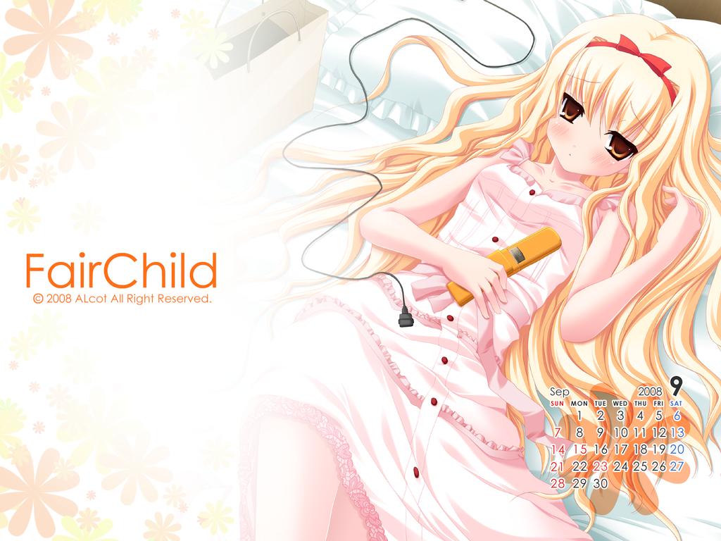 arisugawa_yuuhi, bed, blonde_hair, brown_eyes, calendar, fair_child, long_hair, nimura_yuushi