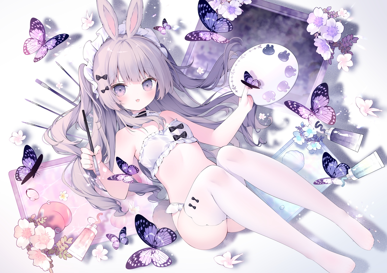 animal_ears, blush, bow, bunny_ears, bunnygirl, butterfly, cat_smile, flowers