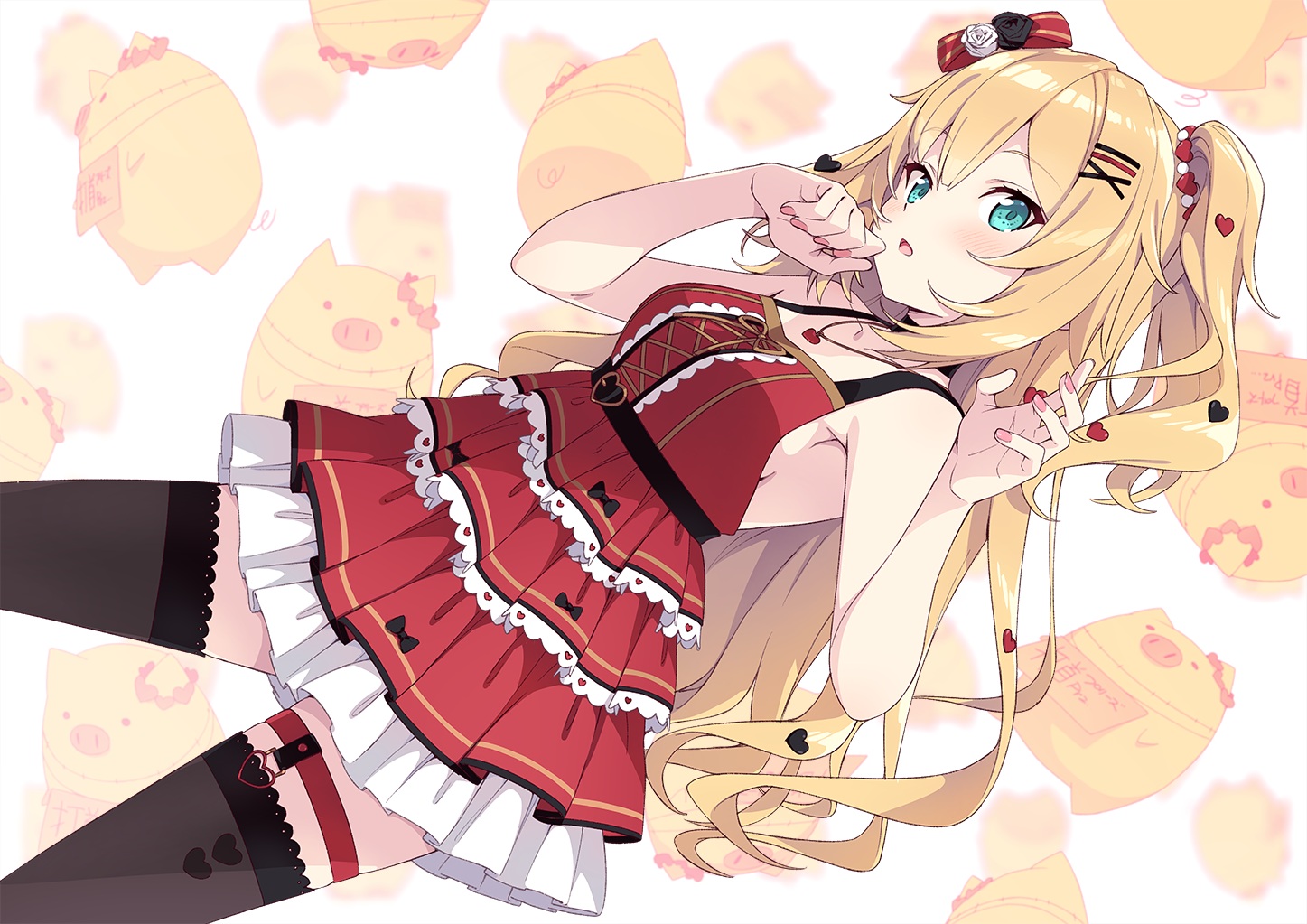 akai_haato, aqua_eyes, blonde_hair, bow, garter, hololive, kanzaki_hiro, lolita_fashion